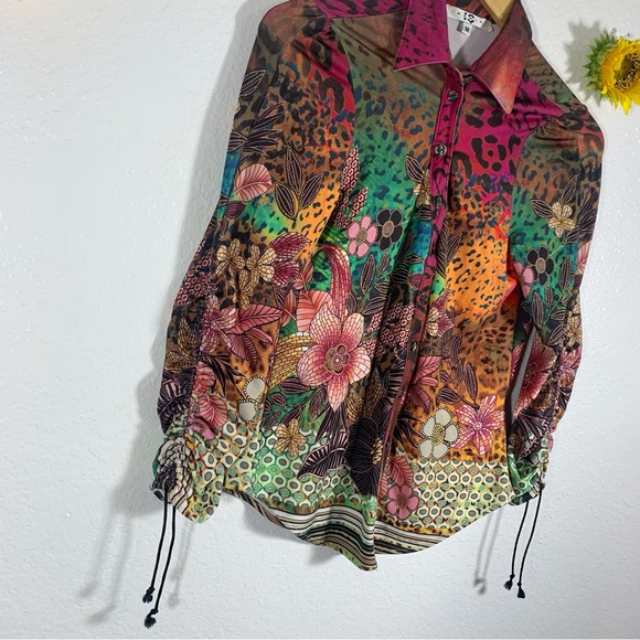 IQ Paris Floral Animal Print Button Up Scrunch Sleeve Blouse Size Medium - Picture 6 of 12